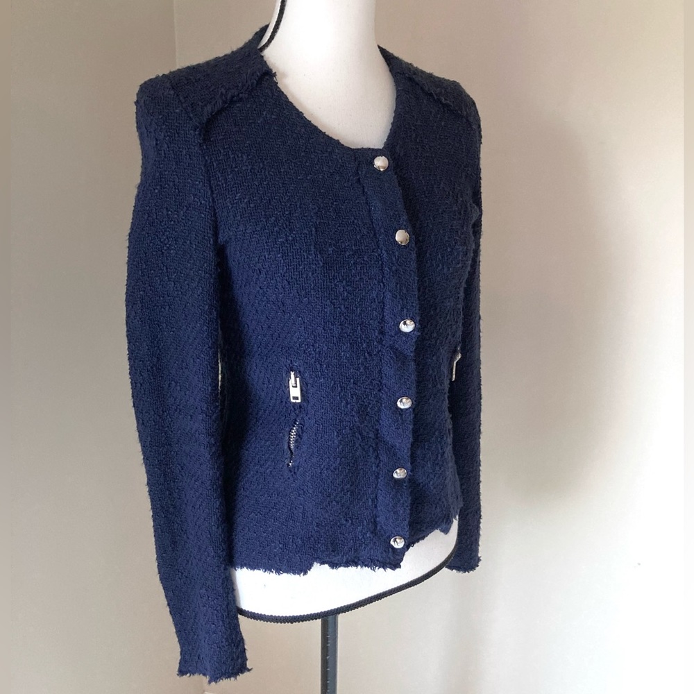 IRO Navy Blue Distressed Tweed Boucle Aggy Button Snap Zipper Jacket Size 8 - Picture 6 of 12